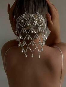 A Mesh Pearl Hair Chain Fairy Teardrop Pendant Hair Comb Bride Wedding Accessories For Women Hair Chain - Silver - View 2