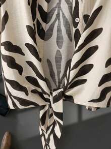 Plus Size Women's Casual Leaf Print Tie-Front Shirt, Limited Stock - Multicolor - View 3