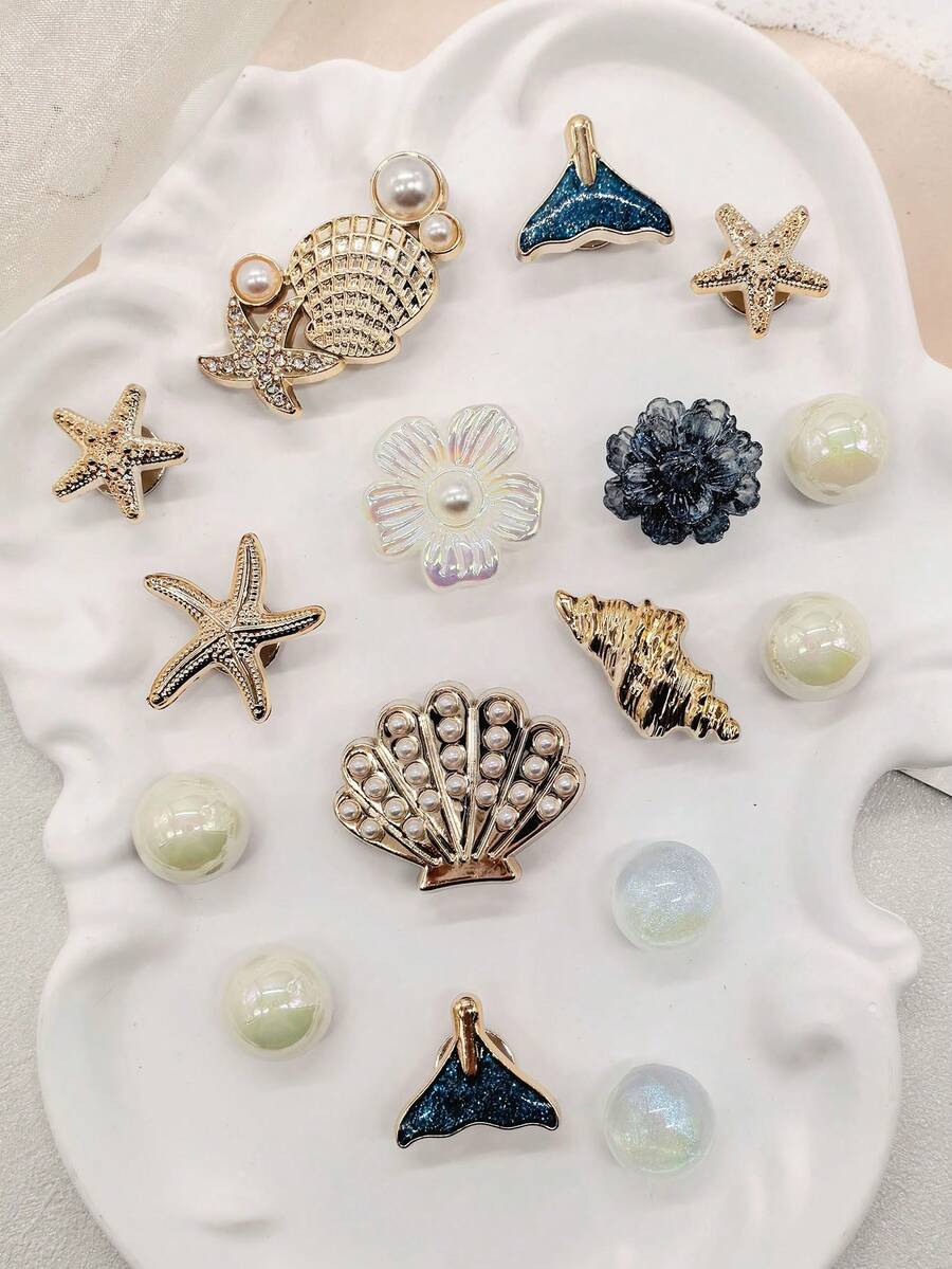 16件組金色海洋貝殼海星樹脂鞋飾 DIY配件 美人魚尾花朵仿珍珠鞋夾裝飾