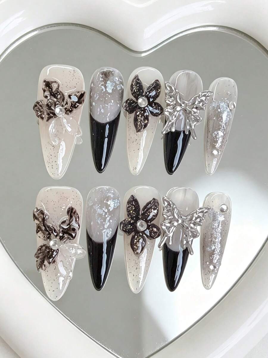 10 Peças Adesivos de Arte de Unhas Acrílicas Stiletto Longas Feitos à Mão, com Flor 3D & Borboleta de Metal 3D, Adequado para Estilo Y2K, Unhas Pretas, Estilo Gótico Punk, Manicure Francesa, Design de Arte de Linha, Unhas Postiças & Suprimentos de Unhas para Mulheres & Meninas - Multicolorido - Visão 1