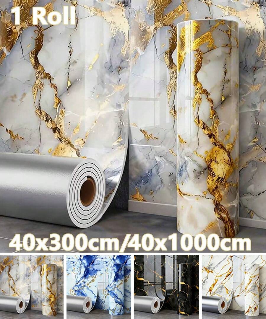 Brodark 1 Roll 40*300/1000cm Self-Adhesive Glossy Luxury Gold Marble Tile Wall Sticker, Peelable Foam Marble Wall Sticker - Waterproof, Moisture-Proof, Easy-Tear Wall Sticker, Suitable For Home Renovation, Kitchen, Bathroom, Background Wall, Office, Store Decoration, Etc., Residue-Free Removal, Seamless Edge Precision Splicing, Bathroom Waterproof Wall Sticker, Easy Installation, Home Decor Material