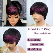Elastic Net Machine Made Wig Short Pixie Cut Human Hair 6inch 150% Density Brazilian Virgin Straight Layered Hair Ready To Wear For Women Color 1B/99J For Daily Wear - S1B/99J - 查看 8