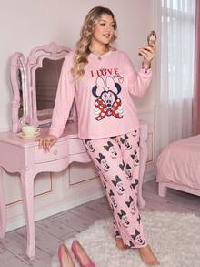 Disney 2 Pieces Plus-Size Pink Pajama Set For Women, Featuring A Mickey And Minnie Mouse Print Top And Pajama Pants, Casual Loungewear. - Multicolor - View 2