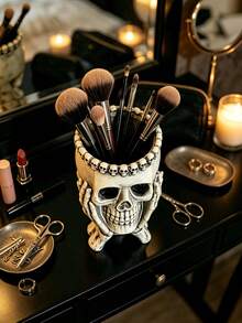 1pc Gothic Skull Makeup Brush Holder Resin Skeleton Cosmetic Storage Rack Dark Romantic Vanity Organizer Witchy Bedroom Halloween Home Decor Unique Gothic Style Gift For Women - C - View 6