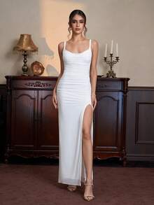 PARTHEA Gaun Maxi Wanita Elegan Putih dengan Tali Bahu Tipis, Leher Persegi, Detail Kerut, Belahan Tinggi, Gaun Pesta Malam Panjang yang Pas di Badan - Putih - View 5