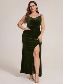 EVERPRETTY Plus Size Elegant Luxury Velvet & Sequin Patchwork Slit Twisted Fishtail Formal Evening Gown For Party And Wedding - Olive Green - View 2