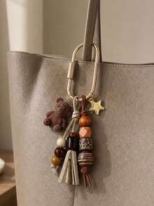 Bohemian Beaded Bag Charm, Vintage Beaded Keychain, Cute Bear & Star Pendant, Tassel Bag Charm, Brown Tone Bag Accessory, Neutral Style Wallet Charm, Handbag Accessory, Suitable For Keys, Wallets, Handbags, Fashionista Essential, Gift For Women, Lovers, Family, Friends, Unique Birthday Gift, Holiday Gift, Party Gift, Travel Gift - Multicolor - View 2