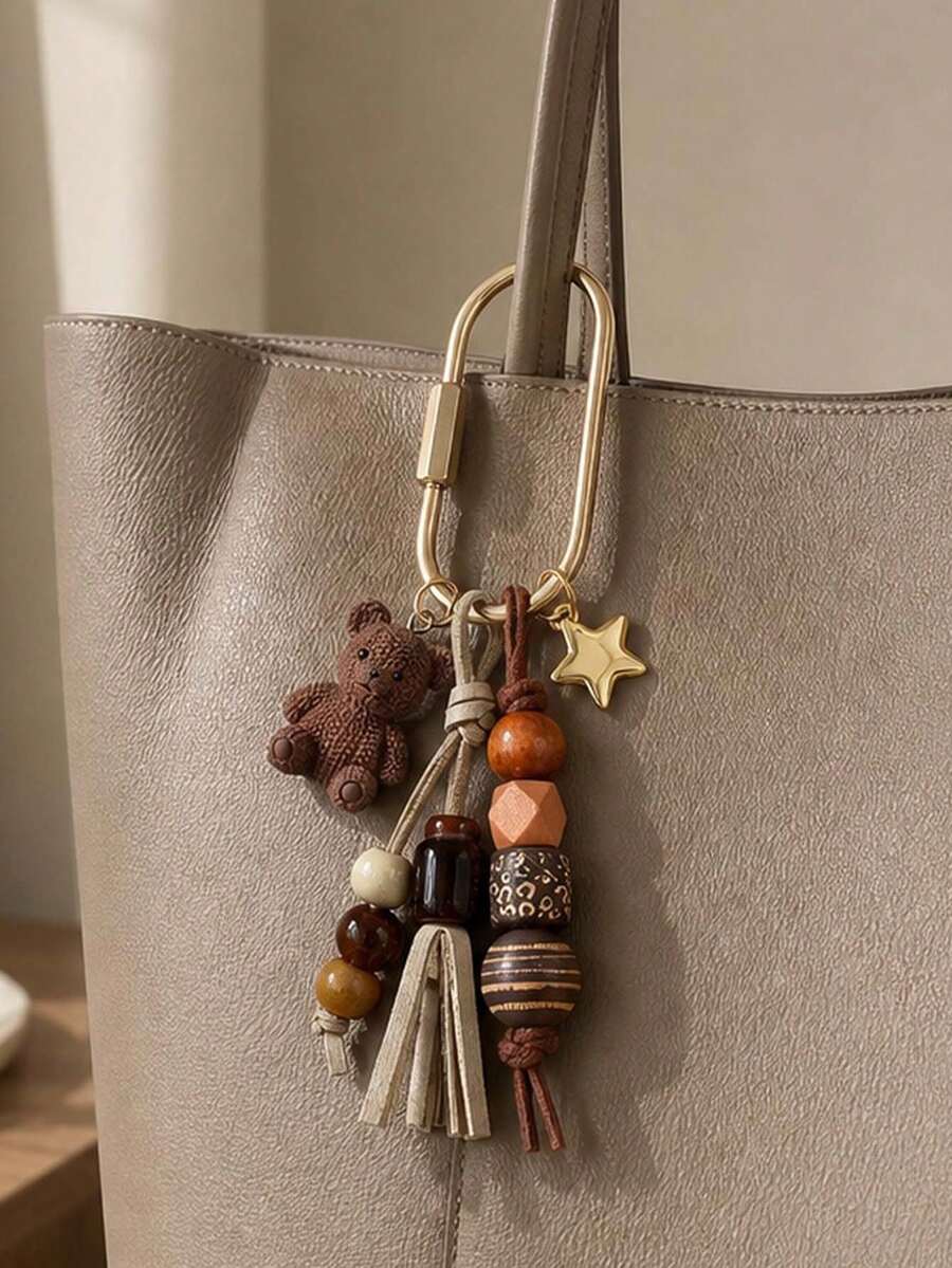 Bohemian Beaded Bag Charm, Vintage Beaded Keychain, Cute Bear & Star Pendant, Tassel Bag Charm, Brown Tone Bag Accessory, Neutral Style Wallet Charm, Handbag Accessory, Suitable For Keys, Wallets, Handbags, Fashionista Essential, Gift For Women, Lovers, Family, Friends, Unique Birthday Gift, Holiday Gift, Party Gift, Travel Gift