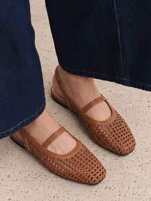 planare Sandal Wanita Model Baru Populer Musim Panas, Desain Minimalis Tenun Jaring Bernapas, Tali Belakang Model Slingback, Ujung Persegi, Tali Belakang, Warna Cokelat, Cocok untuk Perjalanan Sehari-hari - Coklat - View 4