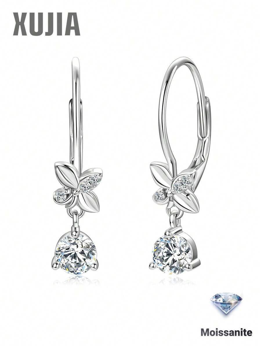 XUJIA 1 Pair Women's Moissanite Earrings, 925 Sterling Silver Moissanite Lever Back Drop Earrings, Sparkling Women's Jewelry