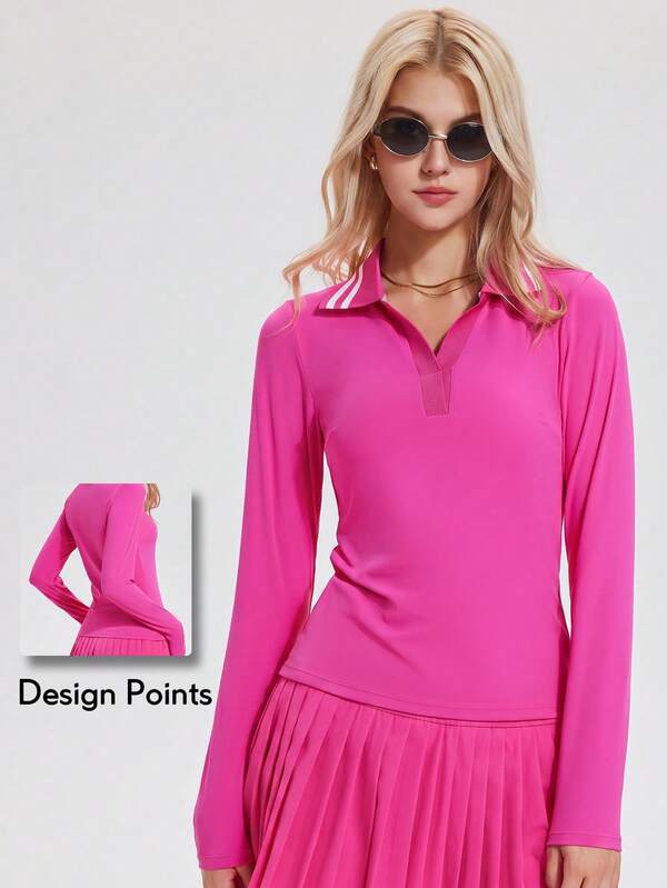 KyrLssu Women Striped Collar V Neck Long Sleeve Polo Top, Solid Slim Fit Lapel Casual Shirt For Daily Outfit Matching