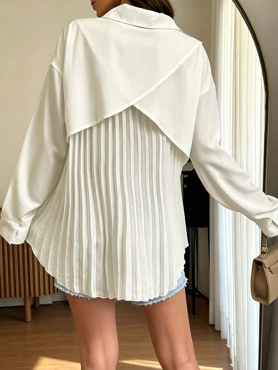 Women's Basic Long Sleeve Woven Shirt, Asymmetric Hem, Classic Collar, Non-Stretch Fabric Top - Light Yellow - View 1