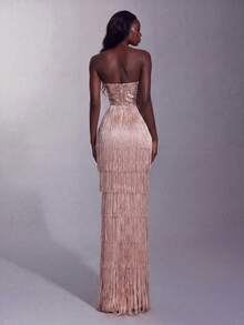 Elegant Heart-Neckline Tassel Evening Dress, Sequin Embellished Bodice, High Thigh Slit, Suitable For Photography, Formal Dinner, Ball - Champagne - View 2