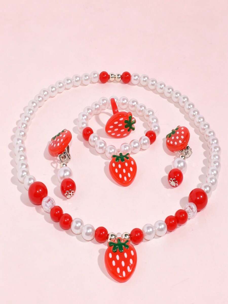 5pcs/Set Children's Sweet & Cute Strawberry Jewelry Set, Includes Necklace, Bracelet, Ring And Earrings, Suitable For Holiday Parties, Daily Wear - Multicolor - View 1