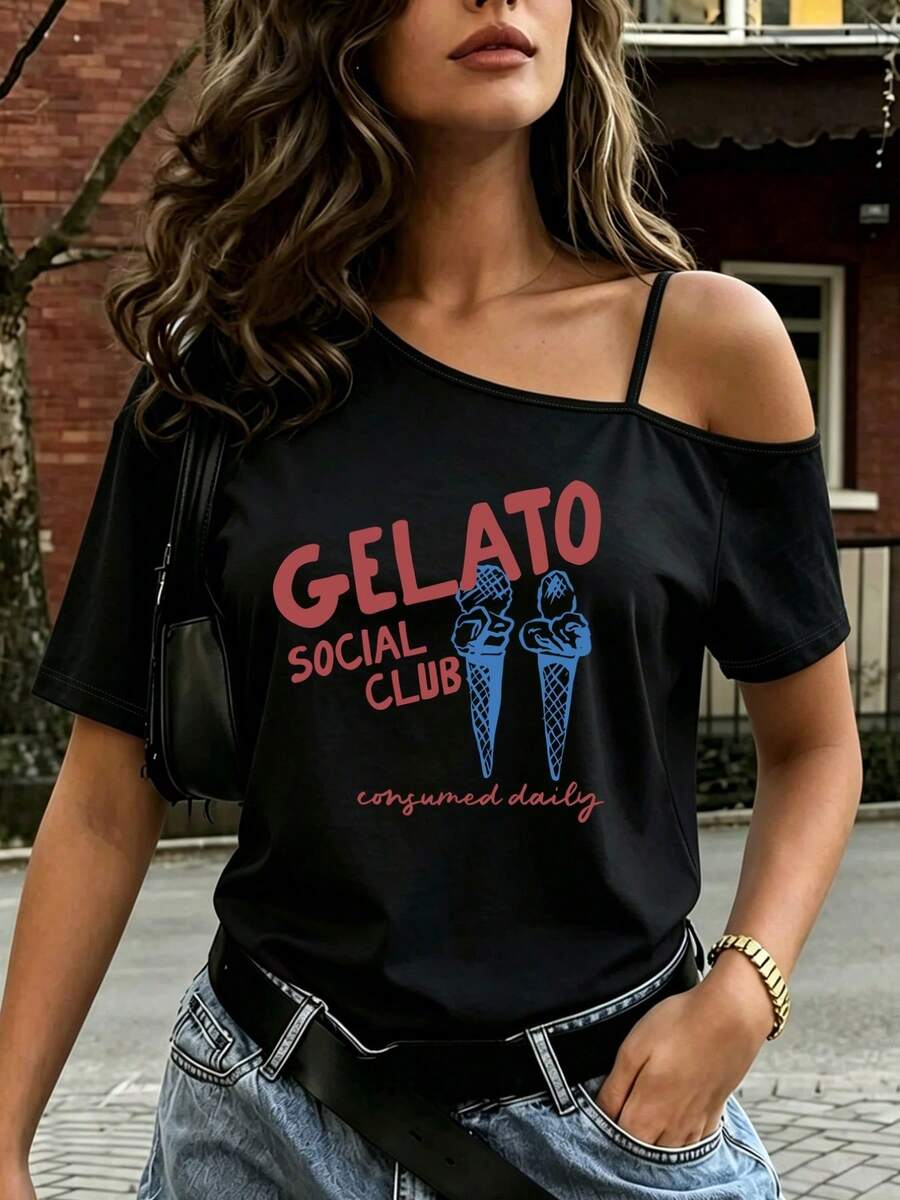 T-shirt z krótkim rękawem na jedno ramię, nadruk z motywem lodów i Gelato Social, modny top z asymetrycznym paskiem na ramię, seksowny strój z odkrytymi ramionami, swobodny i wygodny. - Czarne - Zobacz 1