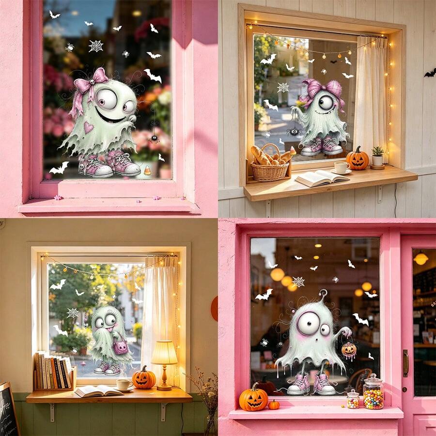 1/4pcs Fall Decor Halloween Window Stickers, Cute Pink Bow Ghost Monster With Sneaker And Bat Spider Web DIY Decals. Removable For Home Room Decor, Halloween Decorations Party Supplies.