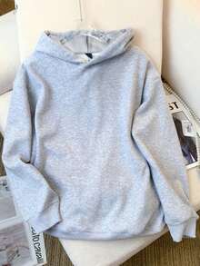 Korean Style Relaxed Fit Light Gray Plain Hooded Sweatshirt, Women's Spring/Autumn Loose Long Drop Shoulder Top, Minimalist Niche Casual Lazy Pullover - Light Grey - View 4