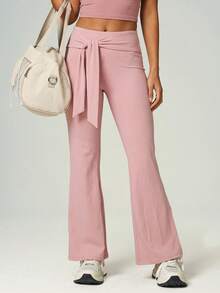 UONNOU Women Wrap Tie High Waist Flare Leg Workout Pants Slim Fit Yoga Trousers - Pink - View 8