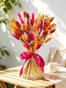 1 Bunch Orange Pink Artificial Fluffy Rabbit Tail Grass And Leaves, Low Maintenance Faux Floral, Suitable For Wedding Centerpiece Decoration, Autumn/Winter Holiday Decor - Orange-red - View 8