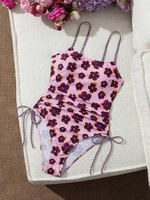 Ladies' Vacation Flower Paired With Checkered Printed Flat Chest One-Piece Swimsuit Suitable For Island Vacation Swimming Beach Summer - Multicolor - View 3