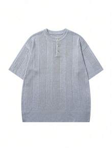 Men's Neutral Crew Neck Pullover, Casual Commute Versatile Business Solid Color Half-Open Collar Textured Short Sleeve Loose Fit Knit Top, Spring/Summer - Grey - View 3