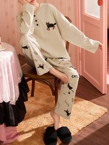 2 piezas/Set Pijama de mujer, conjunto de ropa de estar en casa, estampado de animales lindo, minimalista y juguetón, sudadera de cuello en V de manga larga y pantalones, para todas las estaciones - Albaricoque - Ver 9