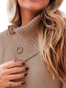 GIP Women's Mousse Knit Poncho, Solid Color, High Neck With Button, Winter Wool Coat - 卡其色 - 查看 3