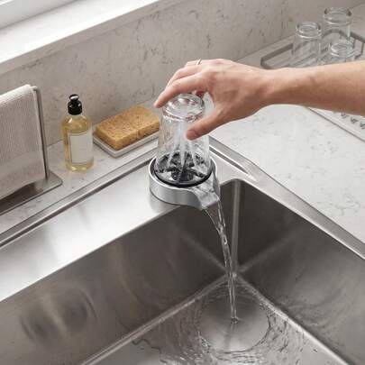 Silver Sink Mounted Water-Powered Rotating Cup Washer, 360° High Pressure Glass Cleaner With Pull-Out Spray Gun, ABS & 304 Stainless Steel Cup Rinser For Kitchen, Bar & Coffee Shop