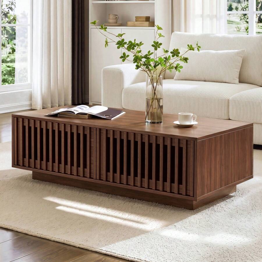 Mesa de centro 100x50x35cm rectangular/Mesa de centro de MDF/Estilo minimalista/Resistente al color y estable en forma/Montaje sencillo/Sala de estar dormitorio balcón Color nogal - madera de nogal - Ver 1