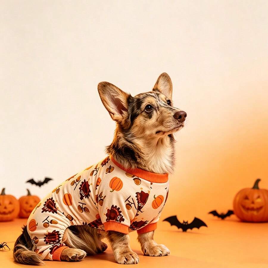 Thanksgiving Turkey Dog Pajamas, Funny Dog Winter Clothes, Suitable For Small Dog Girls And Boys, Pet Jumpsuit, Cat Style With Feet, Lightweight Velvet - Orange - View 1