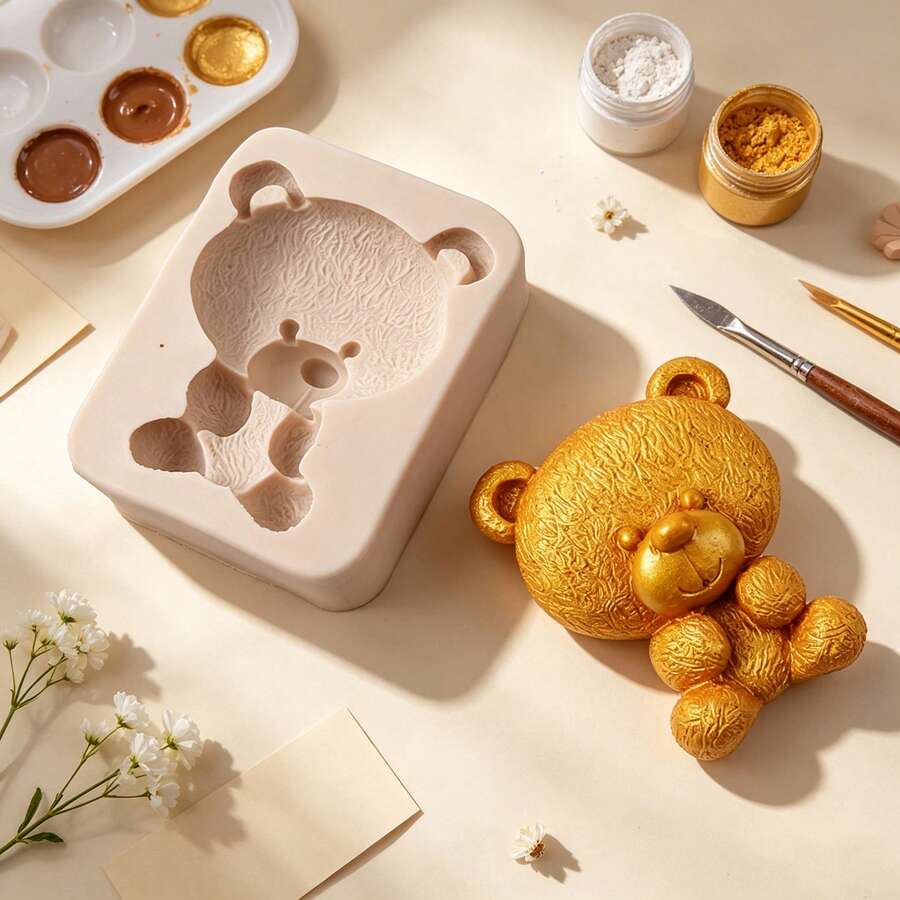 1 件可爱泰迪熊手工软陶土模具，DIY 石膏/芳香疗法/硅胶模具 - 杏色 - 查看 1