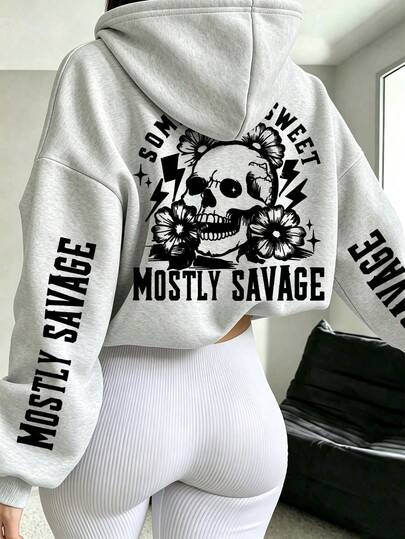 Letter Rose Skull Print Sweatshirt, Plus Size Women's Casual Autumn/Winter Long Sleeve Pocket Sweatshirt Sweatshirt, Suitable For Winter Holiday, Beach, Vacation, Autumn, Halloween, Christmas, New Year Outfits. Suitable For Daily Wear, Outings, Trips, Festivals, Beach, Parties, Birthdays, Beach, Gatherings, School, Music Festivals, Vacations, Commuting, Fitness, Weddings, New Year, Fashion, Winter Tops, Women's Autumn Outfits, Women's Holiday Clothing