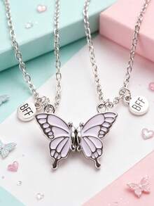 Back To School 2pcs Butterfly Magnetic Pendant Necklace For Girls, Cute Cartoon Colorful Butterfly BFF Necklace, Adjustable Geometric Jewelry Gift, Couple Necklace Accessories - one-size - View 3