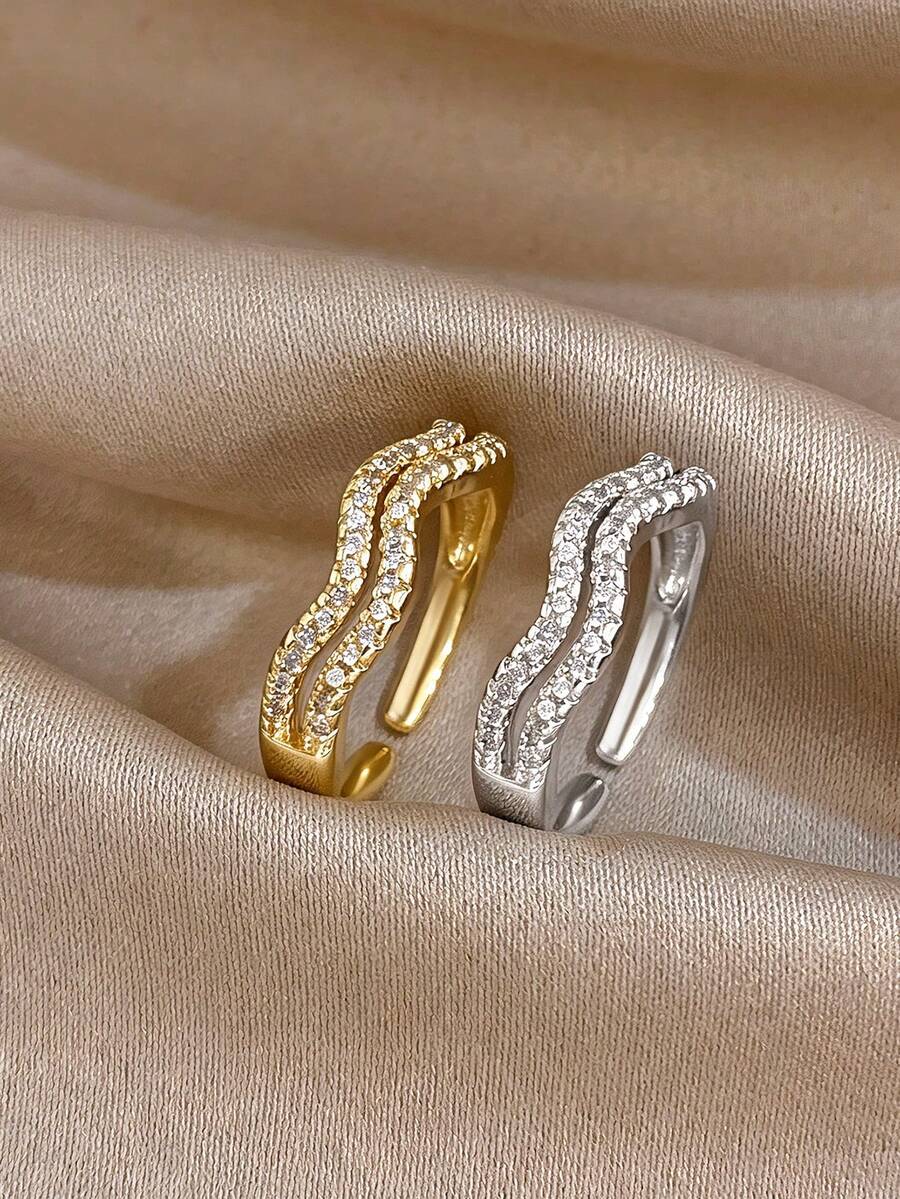 18k Gold Plated Double Layer Wavy Gold Ring, Women's Ring, Personalized Ring, High Quality Luxury Jewelry, Luxury Designer Ring, Unique Jewelry, Adjustable Ring, Gold Plated Ring, Suitable For Daily, Date, Party, Back To School, Summer Jewelry, Beach Jewelry, Women's Beach Accessories, Birthday Gift, Girlfriend Gift, Mother Gift, Bohemian Jewelry - Multicolor - View 1