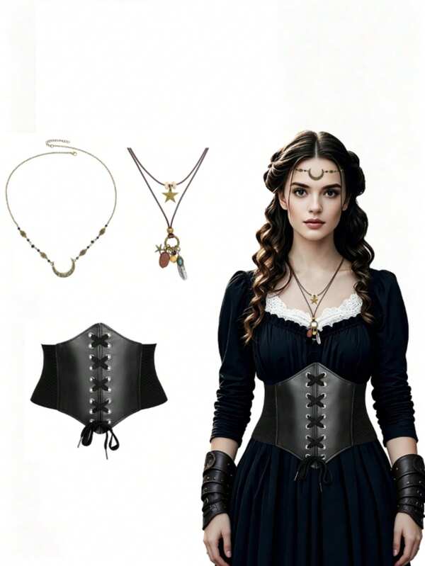Medieval Vintage Corset Accessory Set, Punk Faux Leather Waist Cincher With Crescent Moon Necklace And Feather Star Pendant, Lace-Up Design For Adjustable Fit, Elastic Sides For Comfortable Wear, Suitable For Renaissance Costume, Pirate Cosplay, Halloween Party, Vintage Photoshoot, Music Festival Outfit, Creating European Classical Style