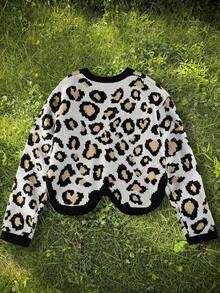 Spring/Autumn New Leopard Print Colorblock V-Neck Cardigan, Women's Casual Loose Short Knit Sweater Jacket - Multicolor - View 2