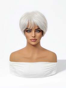 8 Inch Natural Black Pixie Short Bob Wig With Bangs, Heat-Resistant Synthetic Fiber, Breathable Adjustable Mesh Cap, Suitable For Daily Wear, Office, Date, Halloween Party - White - View 4