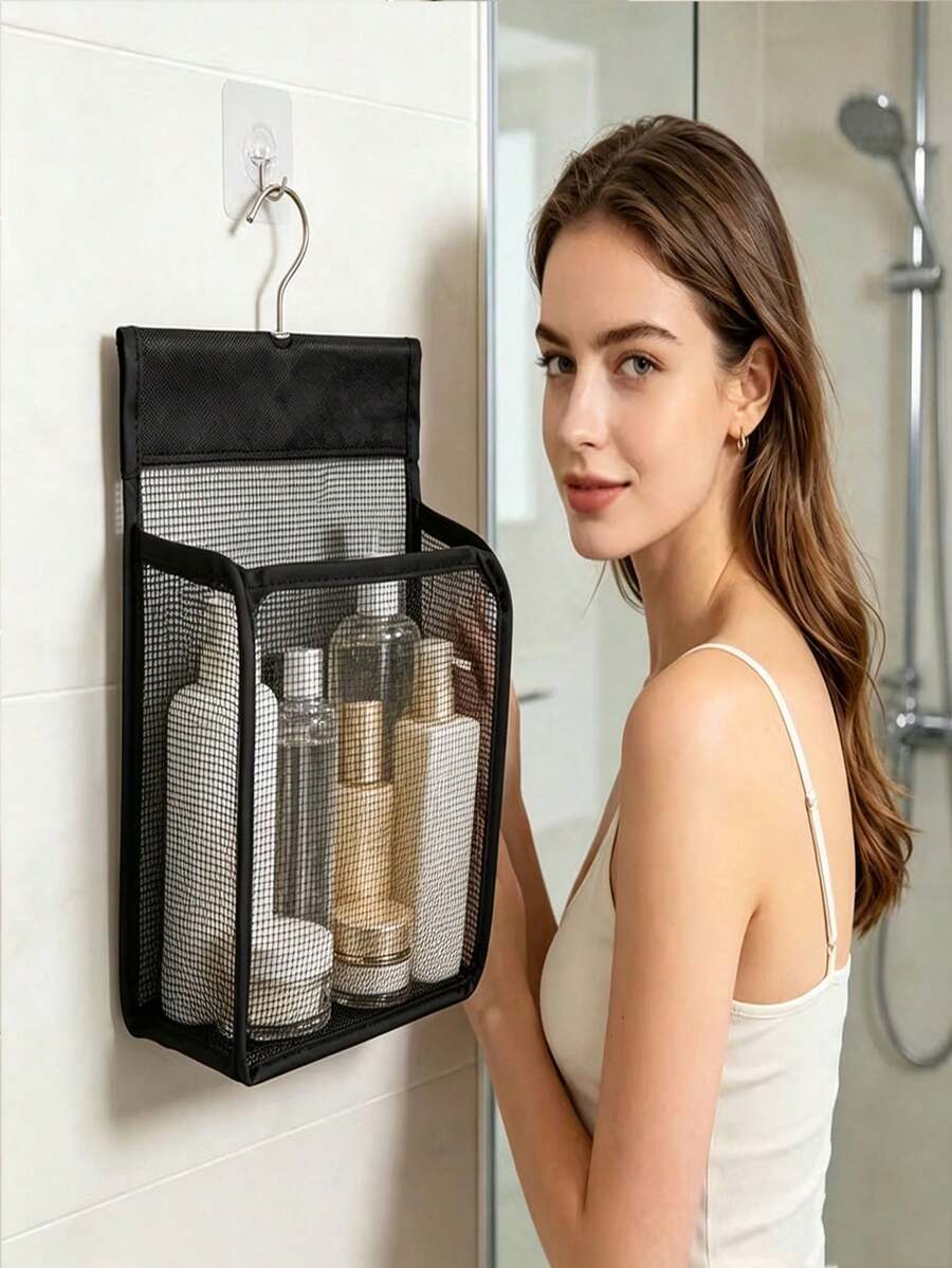 2pcs (1 Hanging Bag + 1 Transparent Hook) Lightweight Black Mesh Shower Storage Bag With Hook. Suitable For Bathroom, Gym, Dorm, Travel And Other Storage Solutions. Can Be Used As Shower Caddy, Wall-Mounted Storage, Hair Storage, Temporary Office Supplies Storage, Organizer Rack, Bedroom Storage, Bathroom Storage Rack, Key Storage Wall, Christmas, Storage, Packaging Bag, Bedroom Furniture And Women's Room Decor - Multicolor - View 1