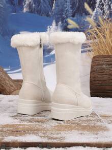 1 Pair Autumn/Winter New Thermal Lined Thick Suede Soft Wedge Heel Side Zipper Mid-Calf Boots For Girls - Beige - View 4