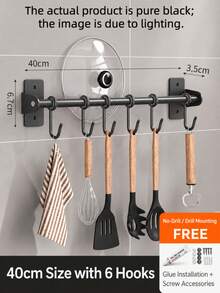 Drill-Free/Drillable Kitchen Hanging Hook Rack, Wall-Mounted Cookware Hanging Rack, Suitable For Pots, Spatulas And More, Space-Saving Kitchen Storage Organizer, Won't Damage Walls, Easy Installation, Saves Kitchen Space - Black - View 13