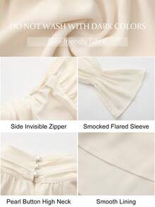 ROSIE POPHUB Women Cream Mock Neck Keyhole Flare Long Sleeve Ruched Waist Tiered Ruffle Mini Dress Elegant Party Daily Christmas Fall Winter - Beige - View 8