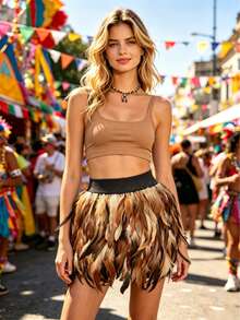 Women Natural Feather Skirt,Feather Short Mini Skirt A-Line Elastic Waist Feathered Tutu Skirt For Halloween Costume Multicolor - Black - View 3