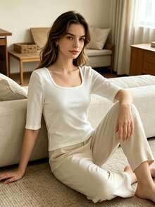 Women Solid Ribbed Square Neck Elbow Length Sleeve Slim Fit Basic Layering Tee Soft Stretchy Casual Top - White - View 4