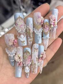 1件美甲模具 鉤編蕾絲法式荷葉邊洛可可框架蝴蝶結 3D浮雕矽膠模具 - 無色 - 查看 9