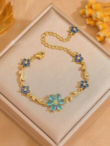 3pcs/Set Colorful Zirconia Flower Bracelet, 18K Gold Plated Luxury Floral Colorful Diamond Petal Thin Bracelet For Women - Gold - View 15