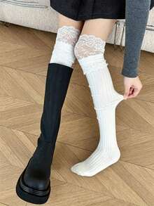 1/2 Pairs Women's Multi-Color Lace Bow Ballet Style Slouchy Knee-High Socks - Multicolor - View 3