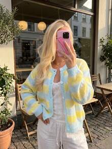 Women's Dopamine Striped Short Knit Cardigan, Soft Fuzzy Blue‑Yellow Sweater Jacket, Sweet Style For Fall Winter Daily & School Outings - Baby Blue - View 2