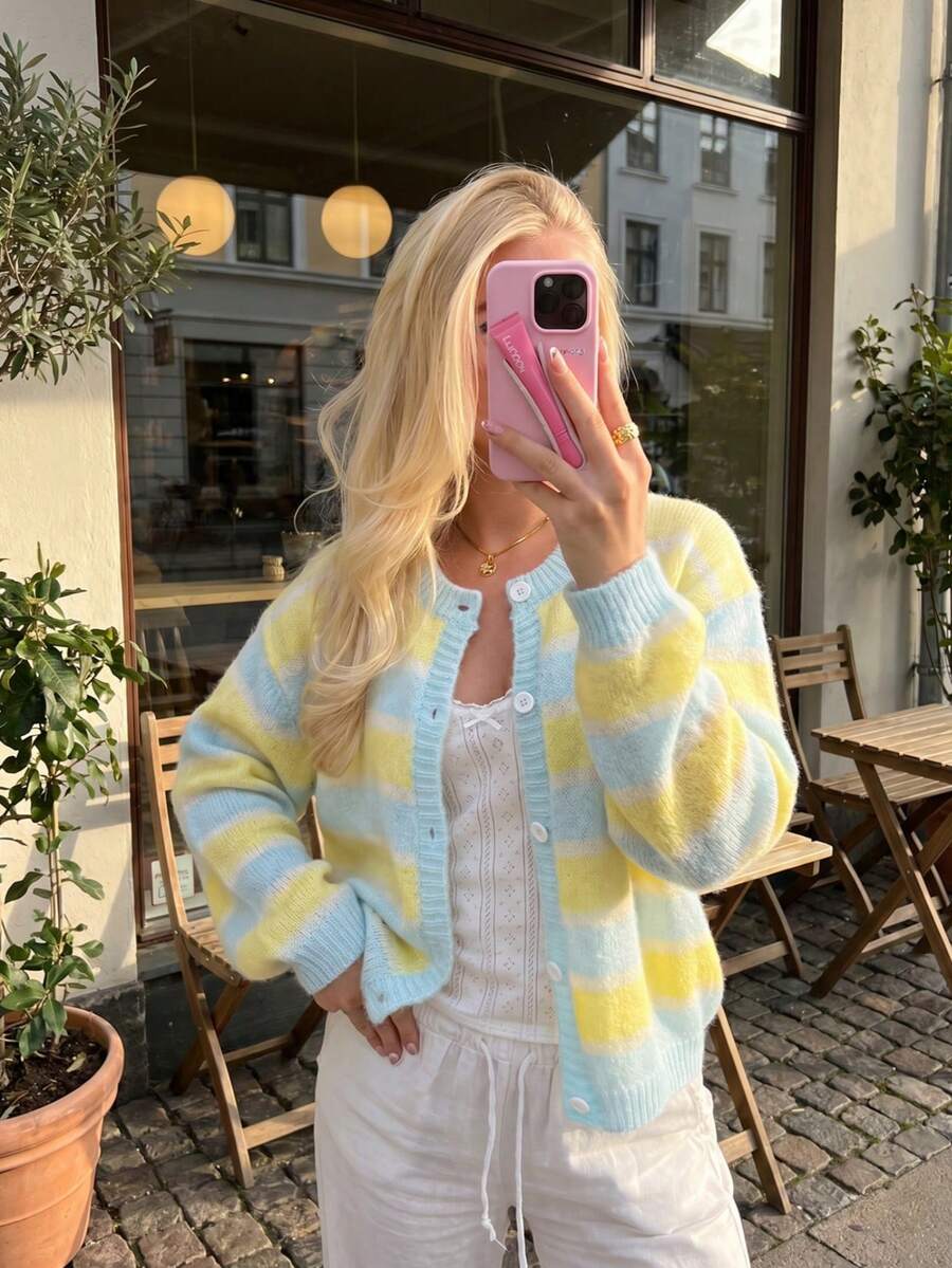 Women's Dopamine Striped Short Knit Cardigan, Soft Fuzzy Blue‑Yellow Sweater Jacket, Sweet Style For Fall Winter Daily & School Outings - Baby Blue - View 1
