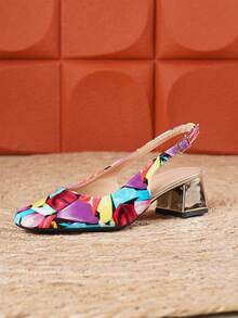 2026 New Women's Retro Color Block Graffiti Print Square Toe Slingback Sandals, Comfortable Metal 4.5cm Chunky Heel Closed Toe Sandals, European And American Style Party Date Versatile Fashion Shoes - Multicolor - View 9