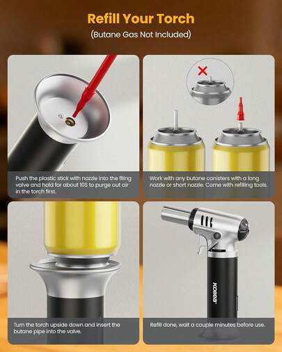 Kollea Butane Torch Lighter, Mini Kitchen Cooking Torch Lighter With Fuel Gauge &Amp; Continuous Flame Lock &Amp; Nozzle, Culinary Blow Creme Brulee